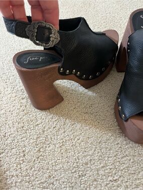 Free People Black Leather Studded Platform Clogs with Brown Wood-look Heel